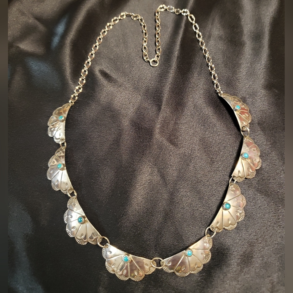 Turquoise stone in Silver Bib Necklace 24"